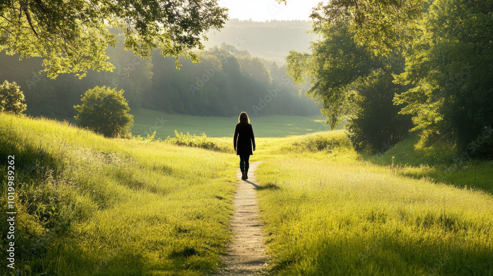 woman walking through rural path surrounded by lush greenery and trees, enjoying serene landscape and peaceful atmosphere woman walking through rural path surrounded by lush greenery and trees, enjoying serene landscape and peaceful atmosphere