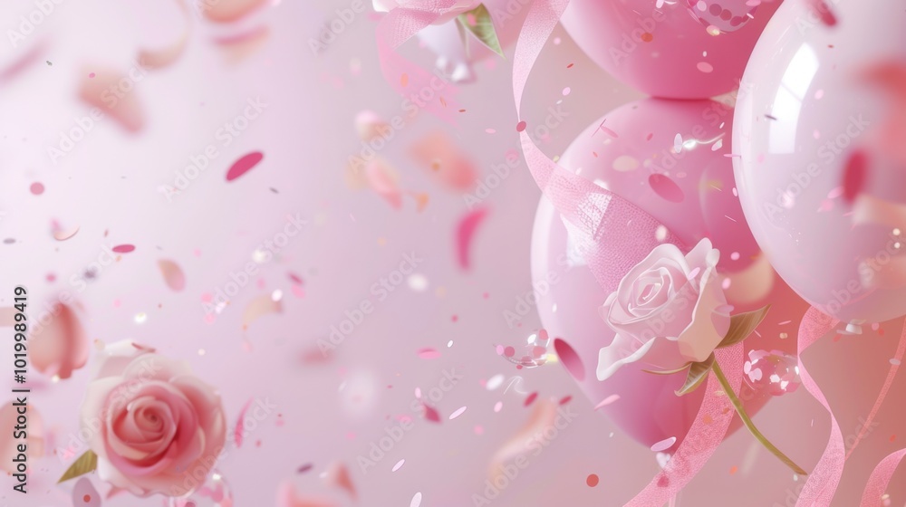 Pink ribbon with confetti and roses, pastel pink background, soft color balloons, festive and romantic composition. Pink ribbon with confetti and roses, pastel pink background, soft color balloons, festive and romantic composition.