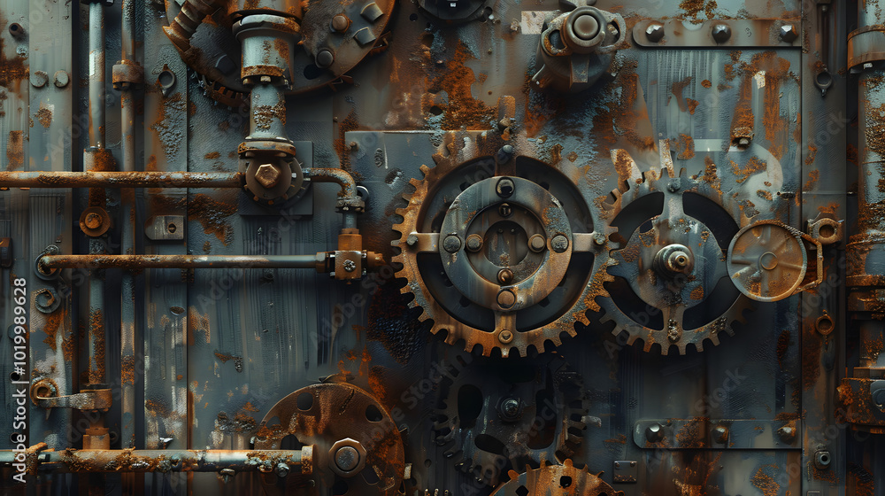 An industrial background with textures of rusted metal, gears, and worn pipes, capturing a gritty, mechanical aesthetic with realistic details and depth An industrial background with textures of rusted metal, gears, and worn pipes, capturing a gritty, mechanical aesthetic with realistic details and depth