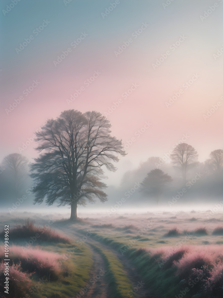 Fototapeta premium A soft, misty morning sky with pastel tones of pink and blue, with the fog rising from the fields and trees barely visible in the distance