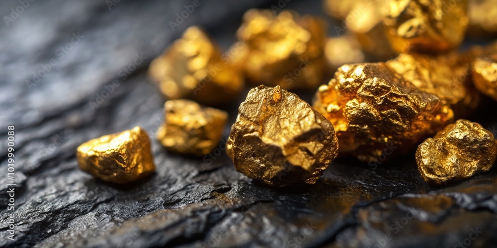 Stunning Close-Up of Shimmering Gold Nuggets Embedded in Dark, Textured Black Rock Surface Stunning Close-Up of Shimmering Gold Nuggets Embedded in Dark, Textured Black Rock Surface