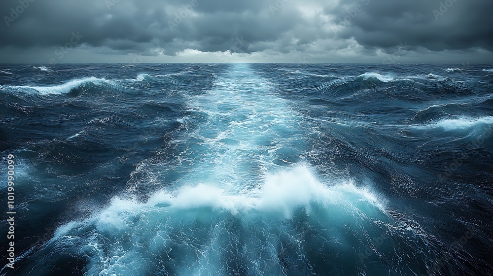 Fototapeta premium A ship's wake cuts through choppy waves, a stormy sky overhead.