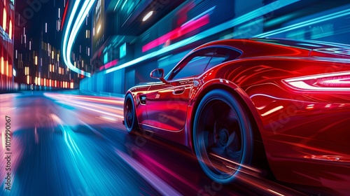 Red Sports Car Blurs Through Neon Cityscape at Night