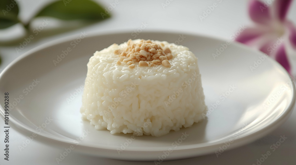 A serving of sweet sticky rice topped with a sprinkle of crushed peanuts. The soft and creamy texture of the rice contrasts with the crunchy peanuts, creating a simple yet satisfying dessert. A serving of sweet sticky rice topped with a sprinkle of crushed peanuts. The soft and creamy texture of the rice contrasts with the crunchy peanuts, creating a simple yet satisfying dessert.