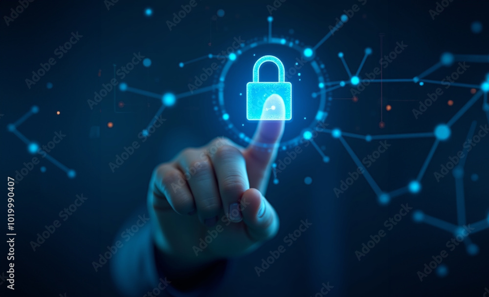 Fototapeta premium A futuristic finger interacts with a holographic security lock, surrounded by glowing digital nodes in a high-tech environment.