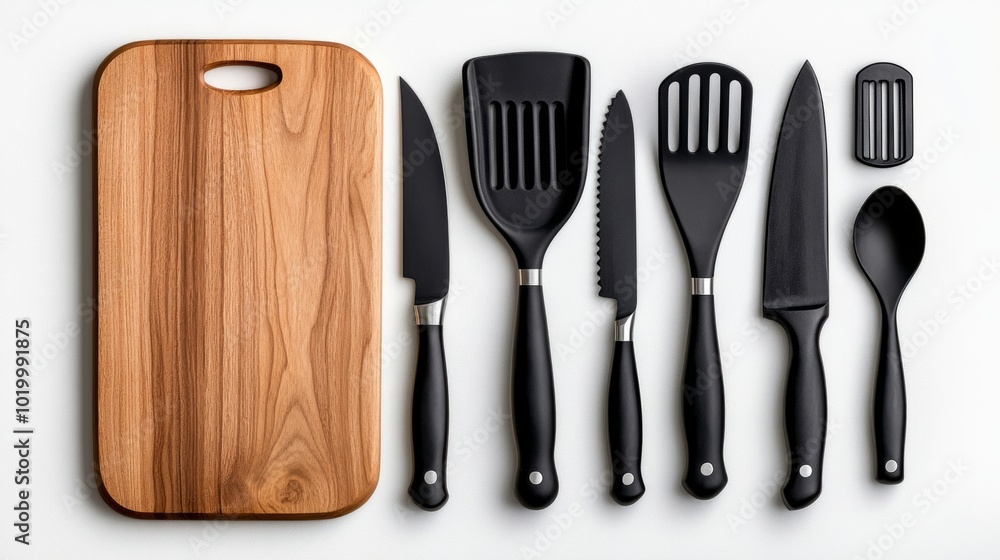 Kitchen Utensils Cutting Board Knives Spatula Spoon and Grater on White Background Kitchen Utensils Cutting Board Knives Spatula Spoon and Grater on White Background