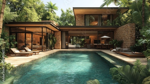Wallpaper Mural Modern villa surrounded by lush greenery and a serene pool. Torontodigital.ca