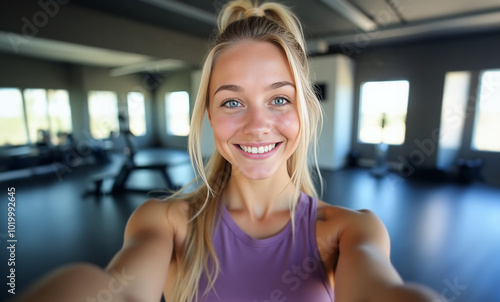 A young woman with pigtails smiles confidently while taking a selfie in a bright, modern gym, exuding youthful energy. Free Download A young woman with pigtails smiles confidently while taking a selfie in a bright, modern gym, exuding youthful energy. - GFXLoad