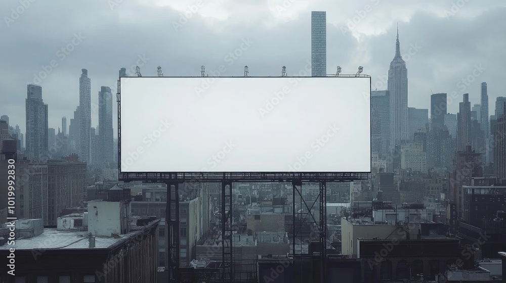 City skyline with a blank white-screen billboard, offering plenty of space for branding or text. City skyline with a blank white-screen billboard, offering plenty of space for branding or text.