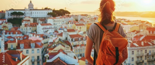 A woman with her back to the camera, wearing casual and carrying an orange backpack stands on top of Aleecarnielho in Lisbon overlooking buildings made from blue azulejos tiles at sunset. She is looki photo