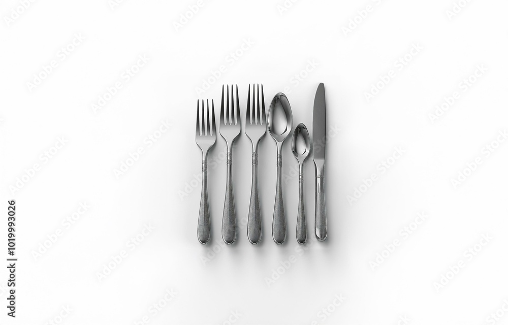 A set of silverware arranged neatly on a white surface, including forks, spoons, and a knife. A set of silverware arranged neatly on a white surface, including forks, spoons, and a knife.
