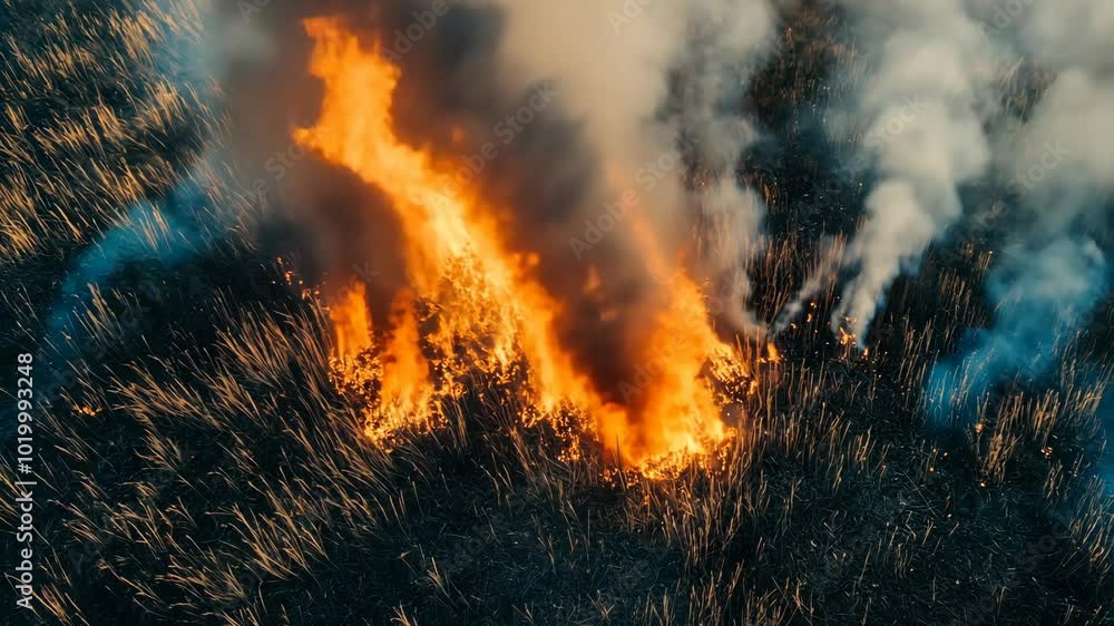 A wildfire burns through dry grass, creating plumes of black and blue smoke A wildfire burns through dry grass, creating plumes of black and blue smoke