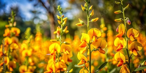 Stunning Crotalaria Cunninghamii Plant with Bright Yellow Flowers in Natural Australian Habitat photo