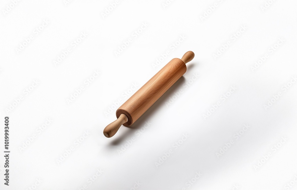 A wooden rolling pin lies on a white background. A wooden rolling pin lies on a white background.