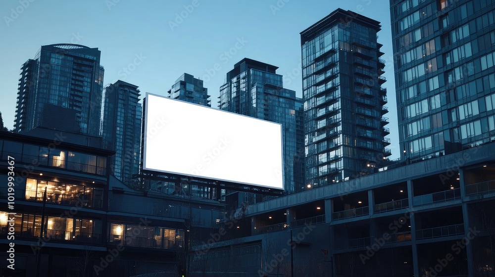 Obraz premium Cityscape billboard featuring a white screen, elevated above modern architecture, and wide copy space for promotions.