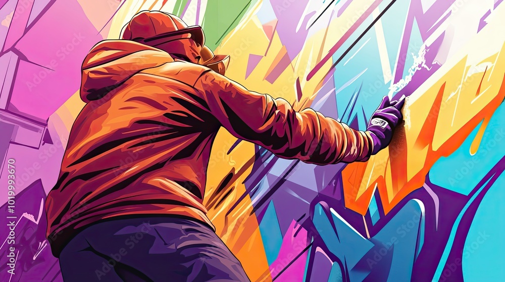 A Person In An Orange Jacket Creating Graffiti On A Wall A Person In An Orange Jacket Creating Graffiti On A Wall