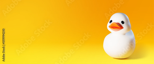 White rubber duck on yellow background. Vector realistic illustration of cute ducky with eyes and beak, inflatable toy for bath or swimming pool, domestic hygiene symbol, bird mascot on blank backdrop