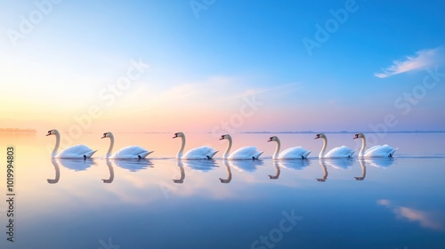 Fototapeta Naklejka Na Ścianę i Meble -  A line of seven white swans swimming in a calm lake at sunrise, creating a perfect reflection.