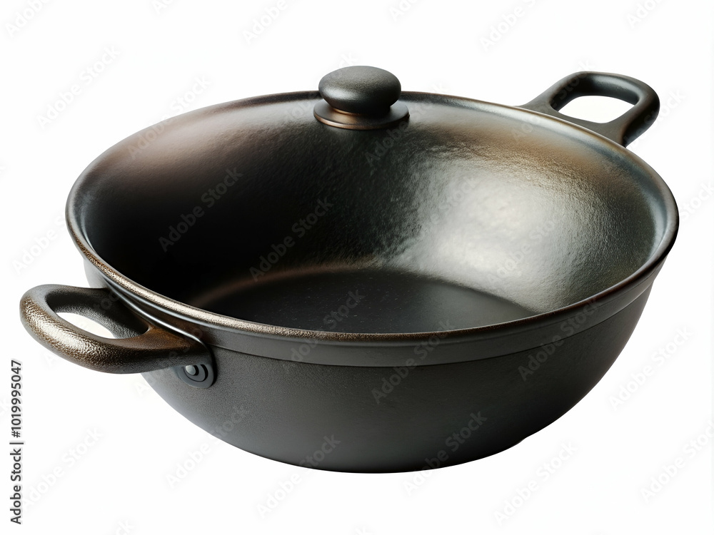 Elegant black iron pot pan, isolated against a white background, great for culinary marketing, cookware design displays, or cooking tutorials. Elegant black iron pot pan, isolated against a white background, great for culinary marketing, cookware design displays, or cooking tutorials.