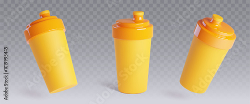 Protein shaker bottle mockups set isolated on transparent background. Vector realistic illustration of travel tumbler container with straw lid and blank surface for branding, plastic thermal mug