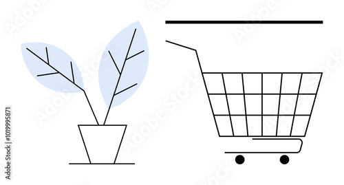 A minimalist style shows a potted plant with two blue leaves beside a shopping cart. Ideal for eco-friendly retail, sustainable shopping, environmental awareness, gardening, and nature conservation