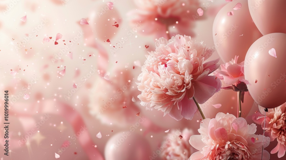 Rose gold ribbon with confetti and peonies, soft rose gold background, soft color balloons, elegant and festive composition. Rose gold ribbon with confetti and peonies, soft rose gold background, soft color balloons, elegant and festive composition.