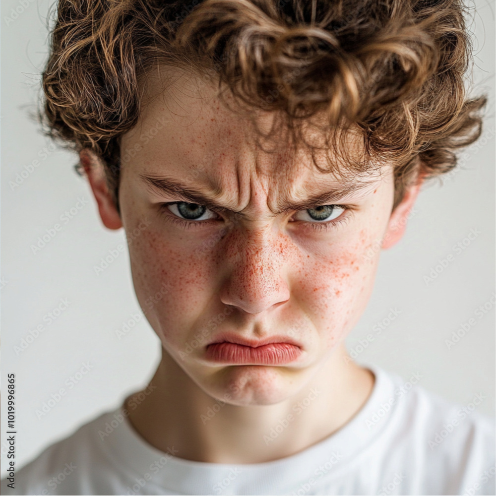 a angry teenager, red face, white background, half-length a angry teenager, red face, white background, half-length