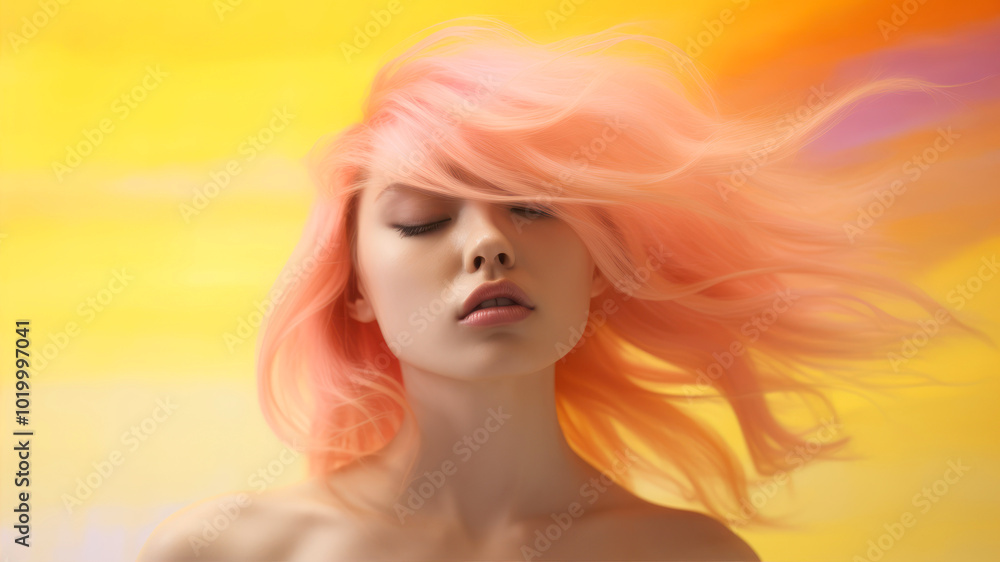 A woman with vibrant orange and yellow hair dances gracefully against a warm, colorful backdrop during a sunny day A woman with vibrant orange and yellow hair dances gracefully against a warm, colorful backdrop during a sunny day