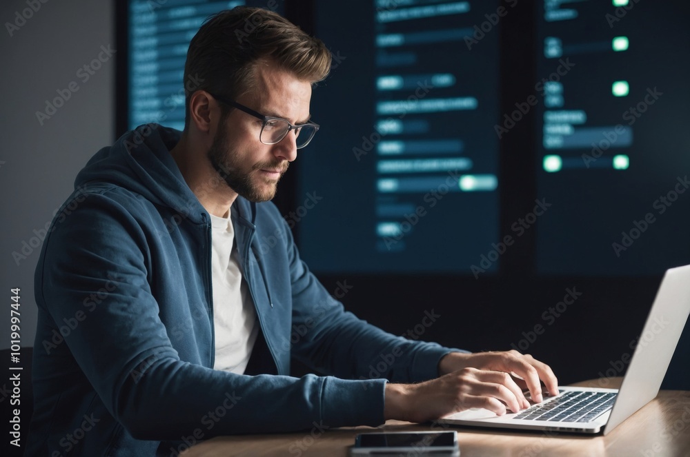Focused Caucasian programmer working late at night Focused Caucasian programmer working late at night