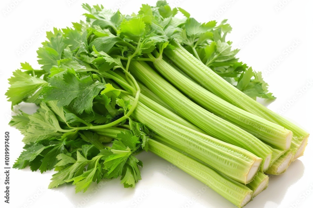 Fresh celery stalks elegantly floating on a crisp white background in a captivating photography shot Fresh celery stalks elegantly floating on a crisp white background in a captivating photography shot