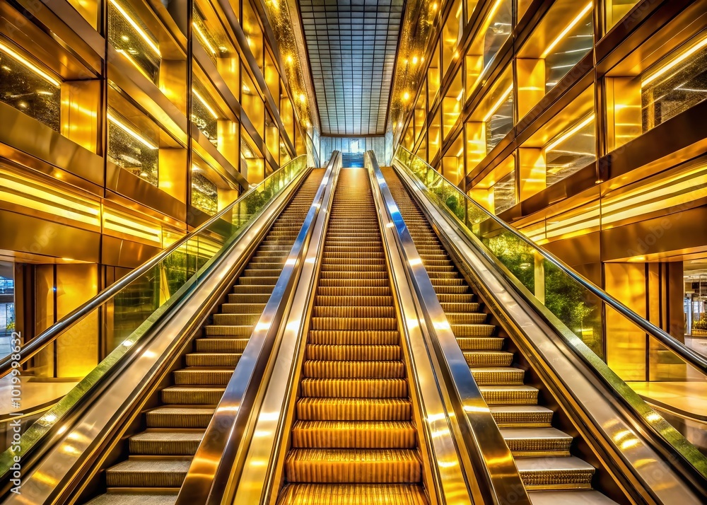 Fototapeta premium Stunning Golden Escalator in Modern Architecture Creating a Luxurious and Elegant Atmosphere