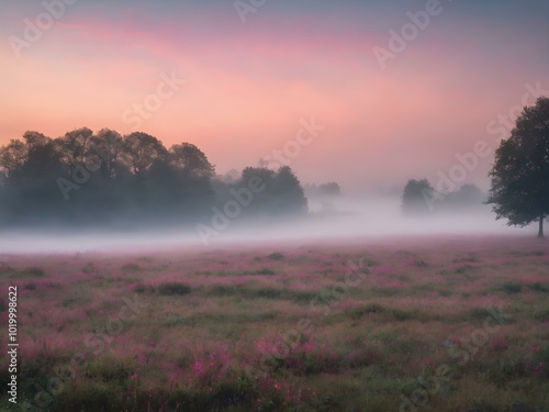 A soft, misty morning sky with pastel tones of pink and blue, with the fog rising from the fields and trees barely visible in the distance
