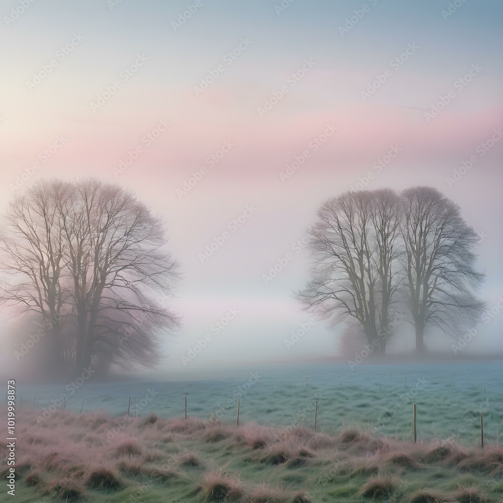 Fototapeta premium A soft, misty morning sky with pastel tones of pink and blue, with the fog rising from the fields and trees barely visible in the distance