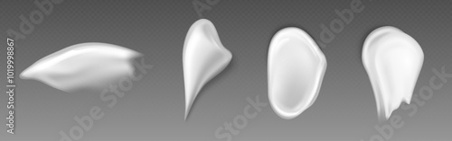 White skin care creamy product swatch on transparent background. Realistic 3d vector illustration set of body or face cosmetic cream and lotion smear. Facial skincare gel texture smudge stroke.