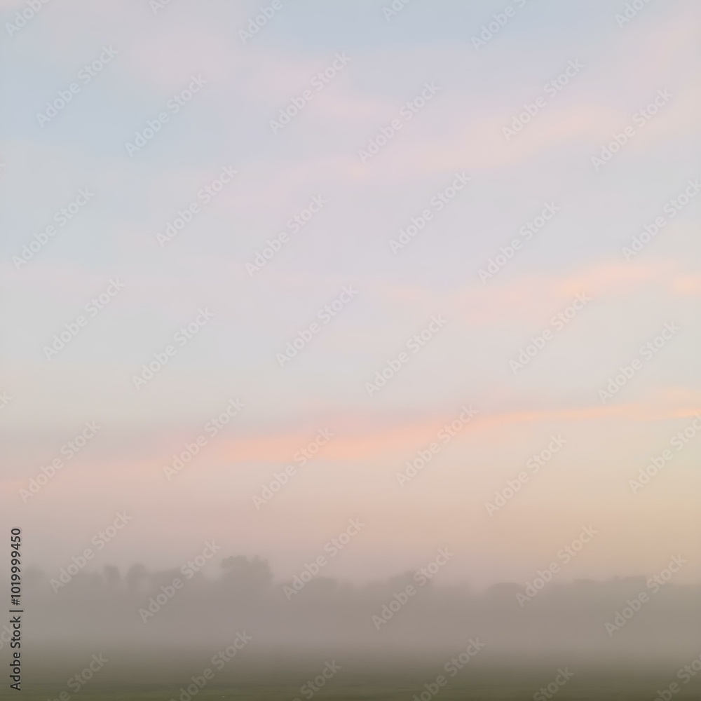 Fototapeta premium A soft, misty morning sky with pastel tones of pink and blue, with the fog rising from the fields and trees barely visible in the distance 