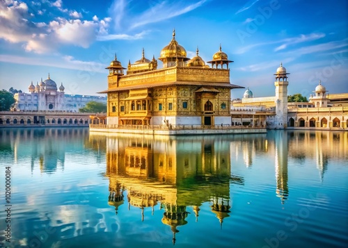 Stunning Golden Temple Reflections in Tranquil Waters Surrounded by Lush Greenery and Blue Sky