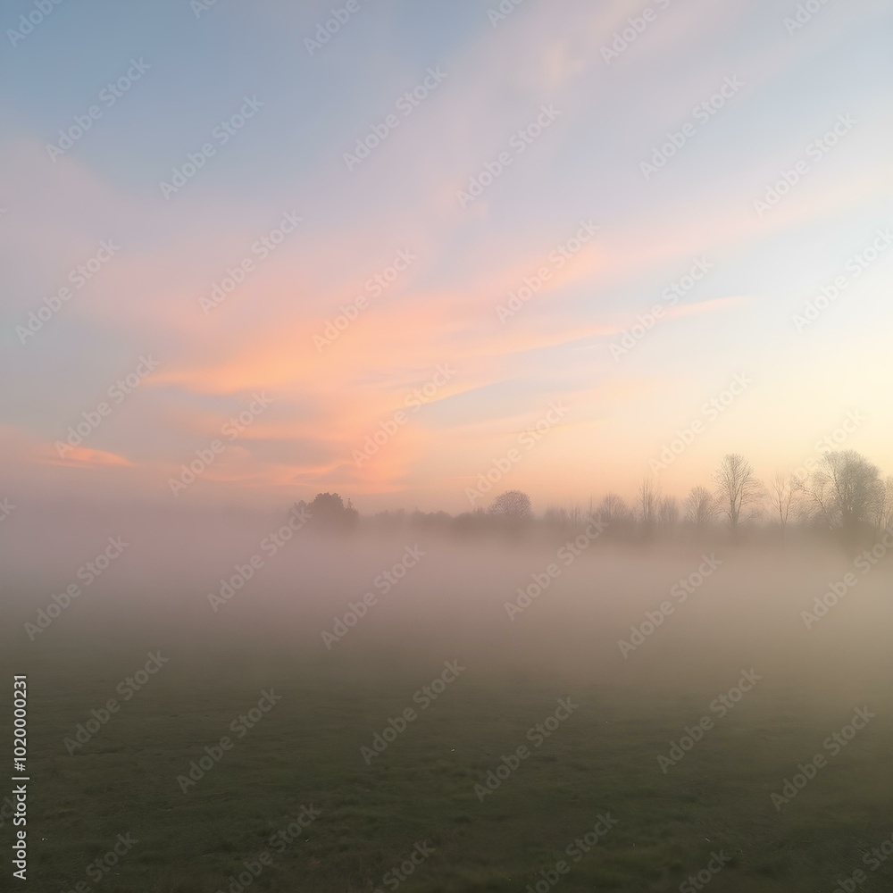 A soft, misty morning sky with pastel tones of pink and blue, with the fog rising from the fields and trees barely visible in the distance
A soft, misty morning sky with pastel tones of pink and blue, with the fog rising from the fields and trees barely visible in the distance