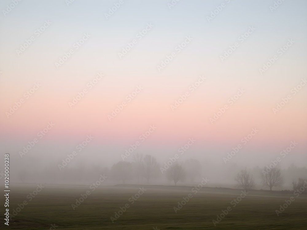 A soft, misty morning sky with pastel tones of pink and blue, with the fog rising from the fields and trees barely visible in the distance
A soft, misty morning sky with pastel tones of pink and blue, with the fog rising from the fields and trees barely visible in the distance