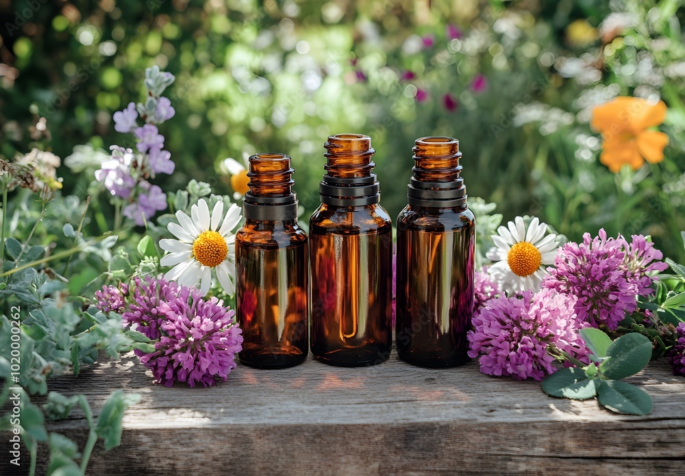 Essential Oil Bottles on Wooden Table with Flowers Essential Oil Bottles on Wooden Table with Flowers
