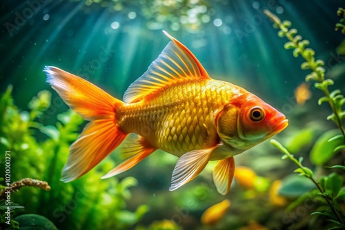 Stunning Gold Gar Fish Swimming Gracefully in Crystal Clear Water of a Lush Aquatic Habitat