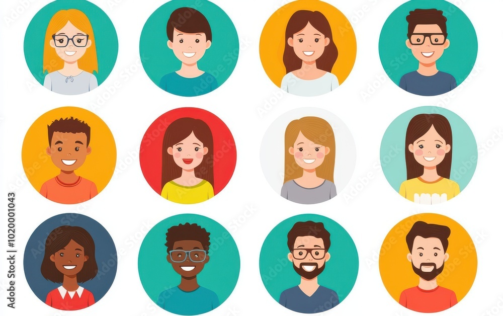 A collection of diverse cartoon portraits depicting various individuals in colorful circles, showcasing different hairstyles and expressions. A collection of diverse cartoon portraits depicting various individuals in colorful circles, showcasing different hairstyles and expressions.