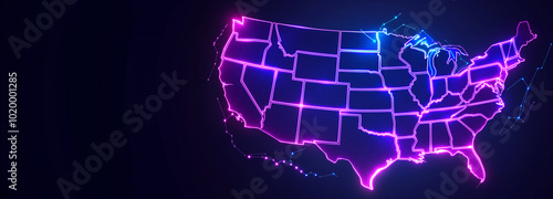 A map of the Usa with neon lights. AI generation