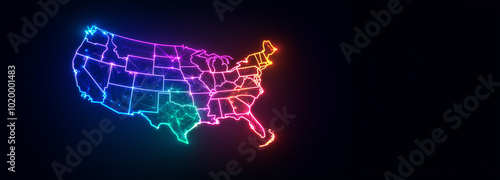 A map of the Usa with neon lights. AI generation