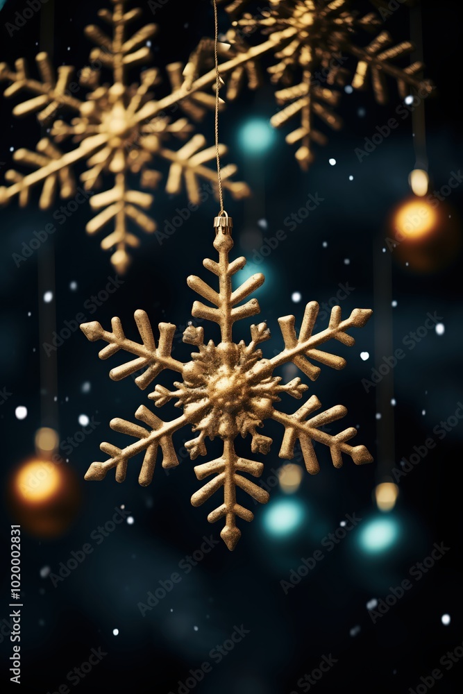 Beautiful golden shiny snowflakes on the background of a dark green Christmas tree. Christmas and New Year Decorations. Beautiful golden shiny snowflakes on the background of a dark green Christmas tree. Christmas and New Year Decorations.