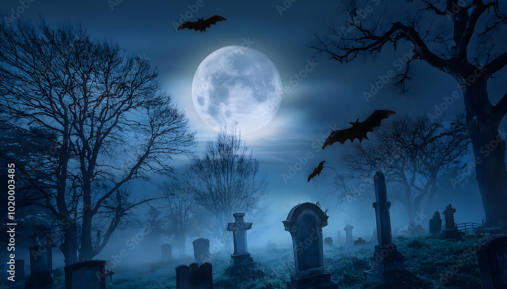 Fototapeta premium Wide angle shot of spooky graveyards on Halloween night with fogy and full moon background