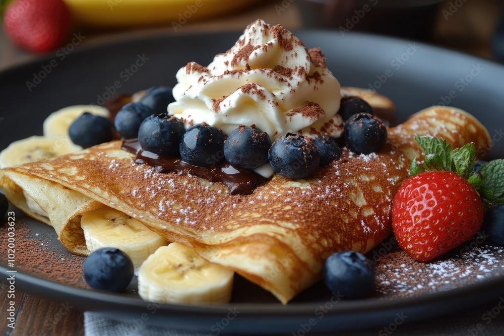 Delicious homemade banana pancakes being topped with whipped cream and chocolate Delicious homemade banana pancakes being topped with whipped cream and chocolate