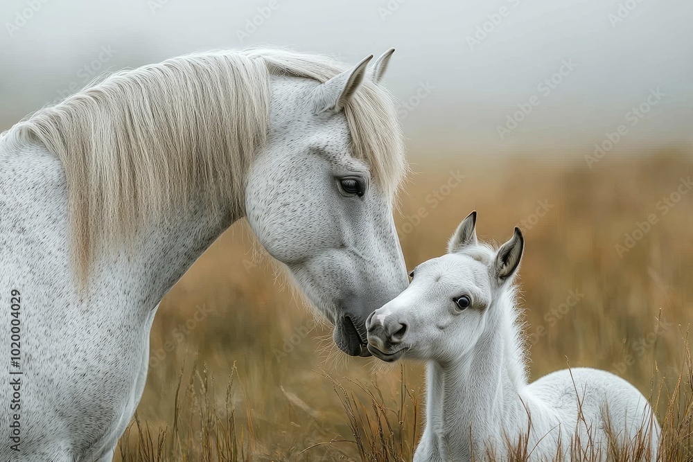 White horse mother showing affection to foal in field White horse mother showing affection to foal in field