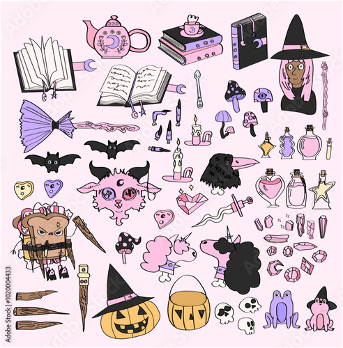 Set of hand drawn pink Halloween clipart elements.