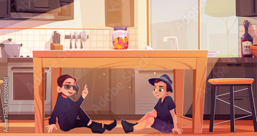 Happy smiling teen children dressed as spy in black clothes, hat and glasses hide under wooden dining table in home kitchen room. Cartoon vector teenage girl have idea and show index finger up gesture