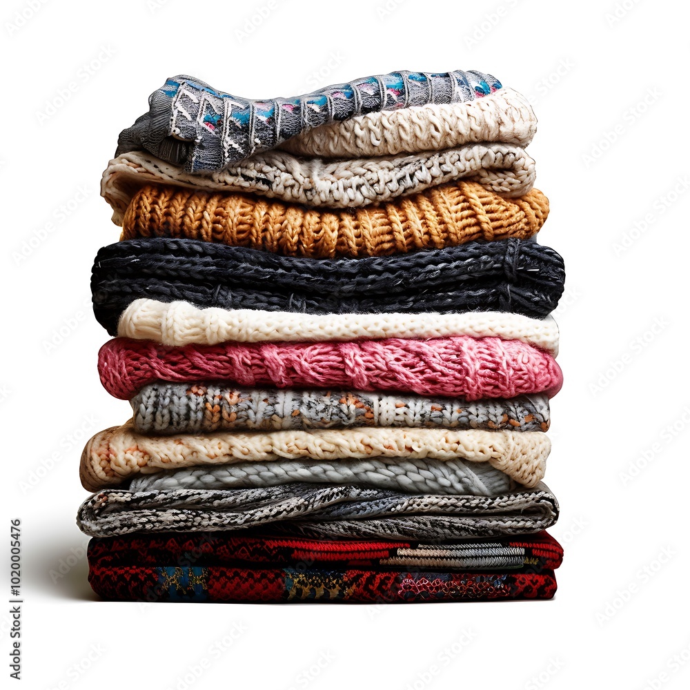 Stack of various sweaters on white background Stack of various sweaters on white background